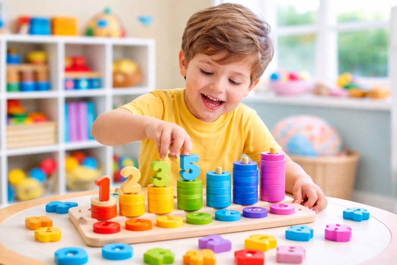 Child playing with colorful number and letter blocks in a classroom setting