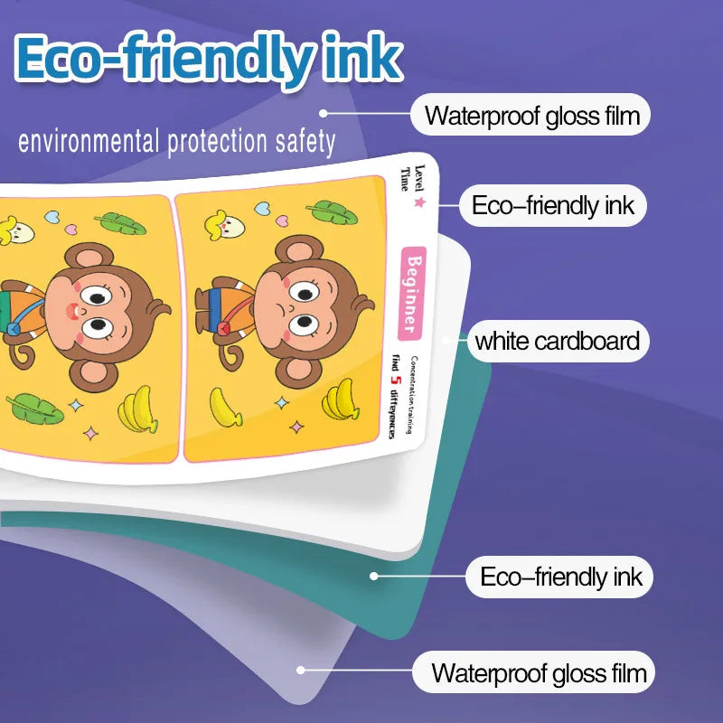 Find Differences Card Game Reusable Cartoon Educational Puzzle for Kids Three Difficulty Levels for Focus and Attention Training
