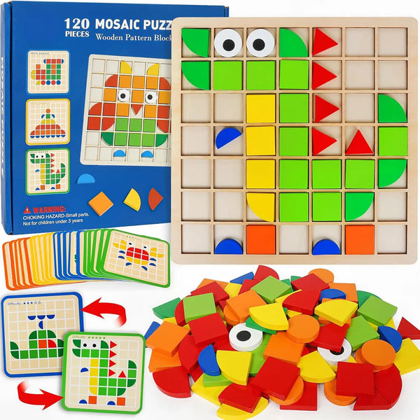Wooden Montessori Mosaic Shape Puzzle – Colorful Sensory Jigsaw & Pattern Blocks for Toddlers
