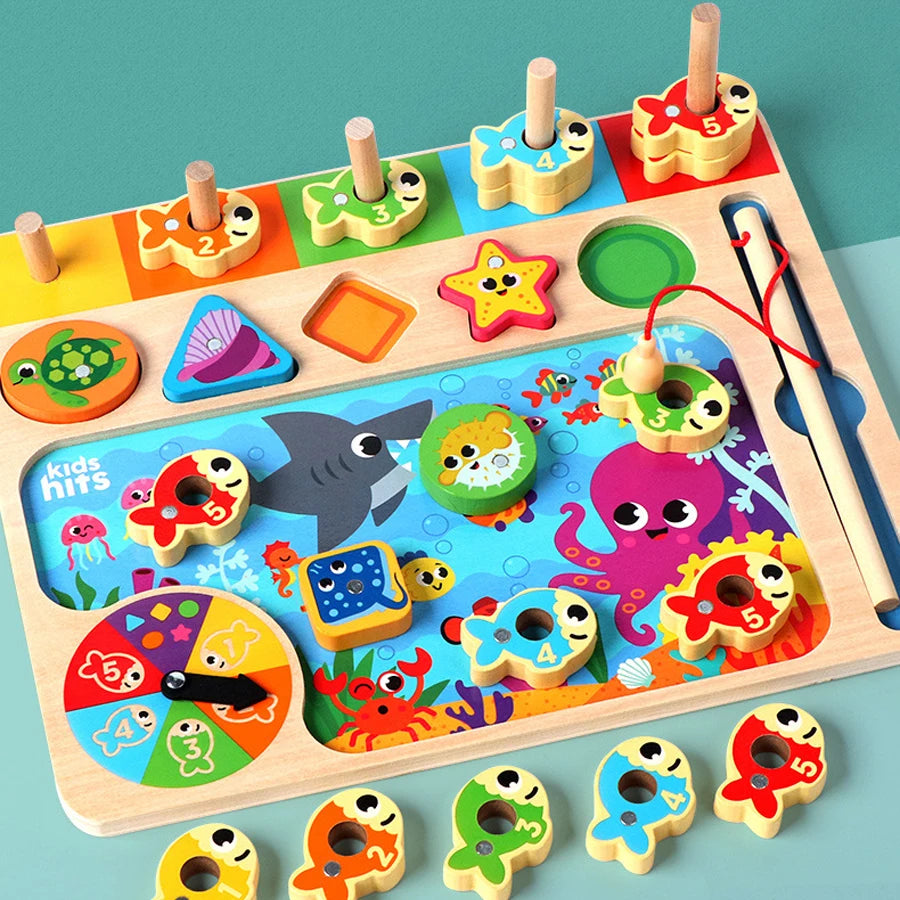 Montessori Wooden Math Busy Board – Counting, Shape Sorting & Magnetic Fishing Toy