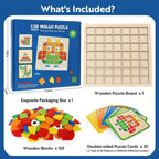 Wooden Montessori Mosaic Shape Puzzle – Colorful Sensory Jigsaw & Pattern Blocks for Toddlers