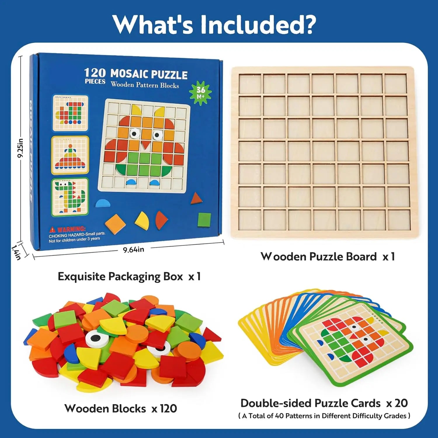 Wooden Montessori Mosaic Shape Puzzle – Colorful Sensory Jigsaw & Pattern Blocks for Toddlers