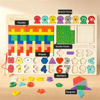 5-in-1 Montessori Wooden Busy Board – Shape Sorting, Number Matching & Magnetic Fishing Toy