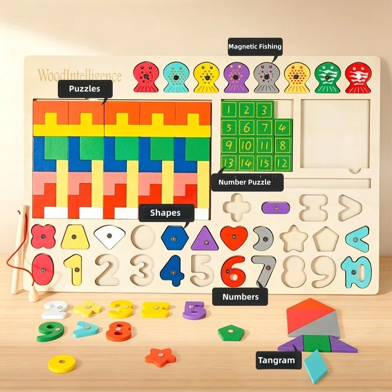 5-in-1 Montessori Wooden Busy Board – Shape Sorting, Number Matching & Magnetic Fishing Toy