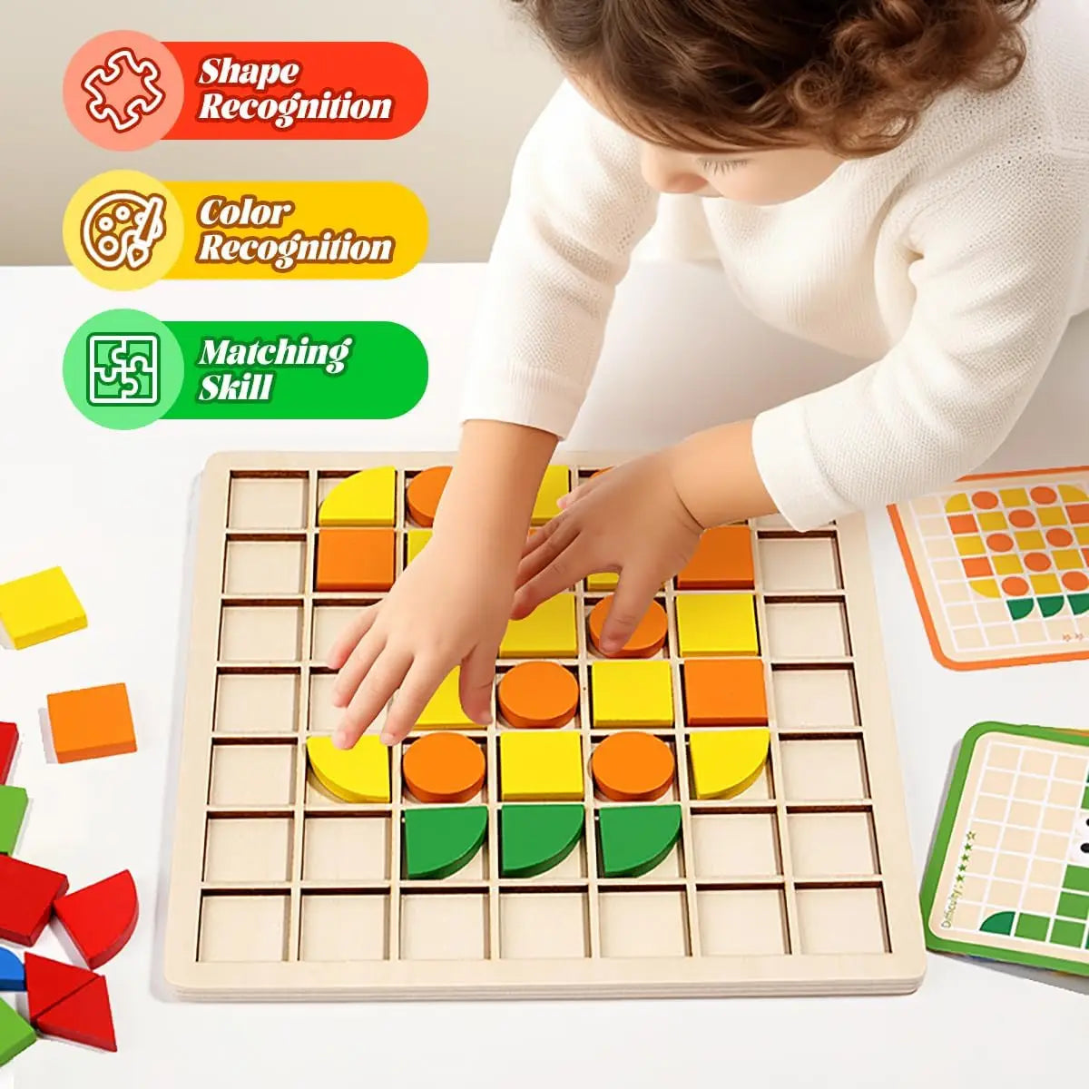 Wooden Montessori Mosaic Shape Puzzle – Colorful Sensory Jigsaw & Pattern Blocks for Toddlers