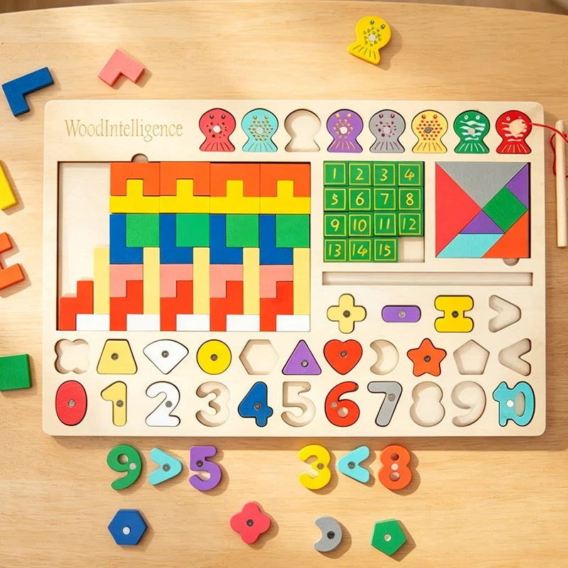 5-in-1 Montessori Wooden Busy Board – Shape Sorting, Number Matching & Magnetic Fishing Toy