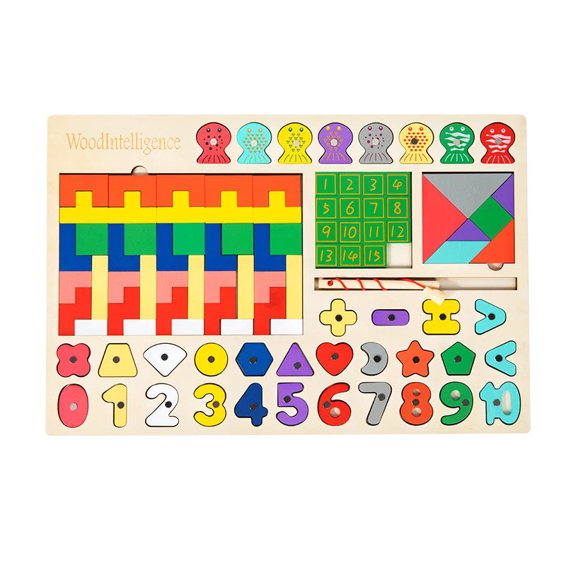 5-in-1 Montessori Wooden Busy Board – Shape Sorting, Number Matching & Magnetic Fishing Toy