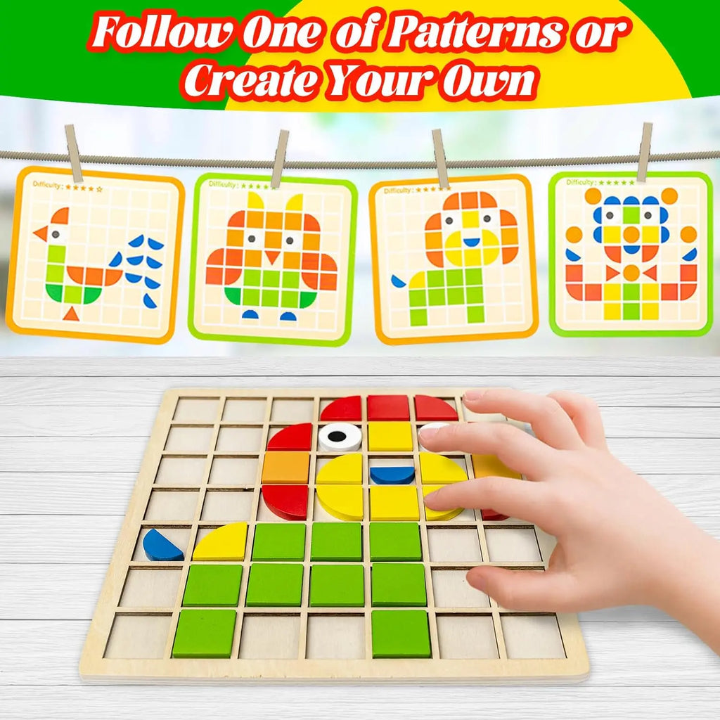 Wooden Montessori Mosaic Shape Puzzle – Colorful Sensory Jigsaw & Pattern Blocks for Toddlers