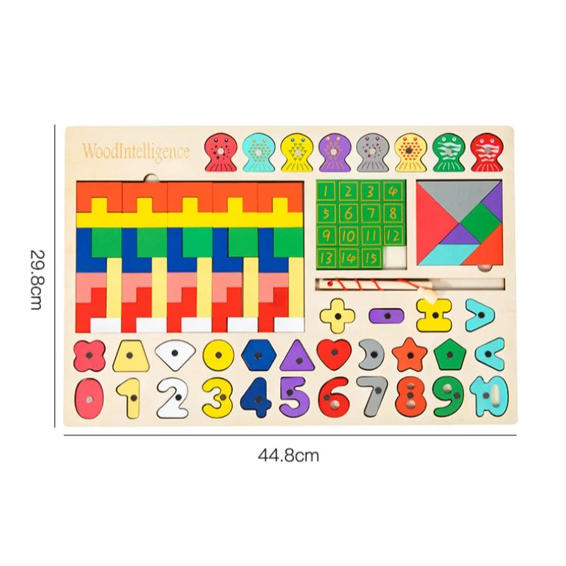 5-in-1 Montessori Wooden Busy Board – Shape Sorting, Number Matching & Magnetic Fishing Toy
