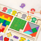 5-in-1 Montessori Wooden Busy Board – Shape Sorting, Number Matching & Magnetic Fishing Toy