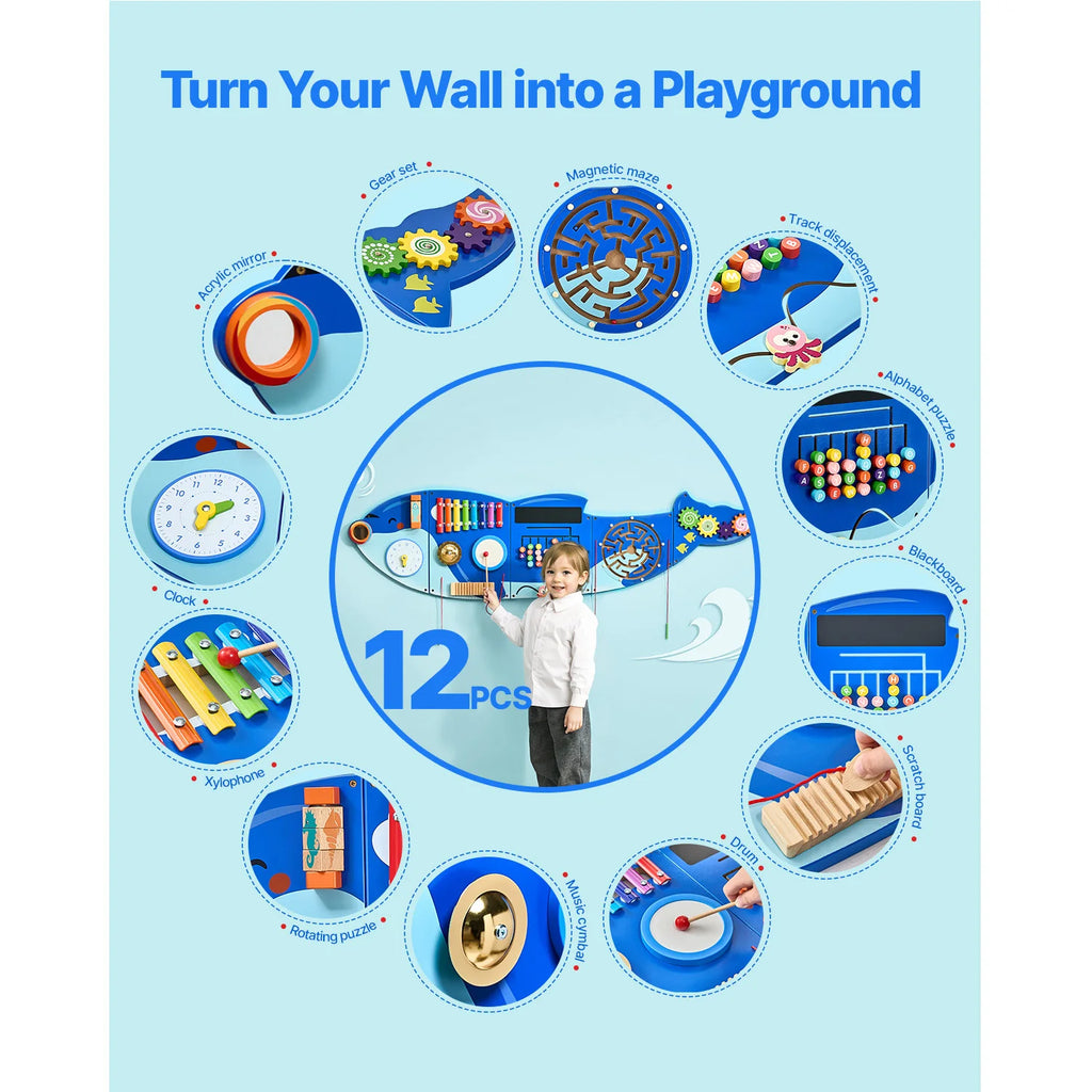 Orca Kids Wall-Mounted Busy Board – 12-in-1 Montessori Sensory Hanging Panel