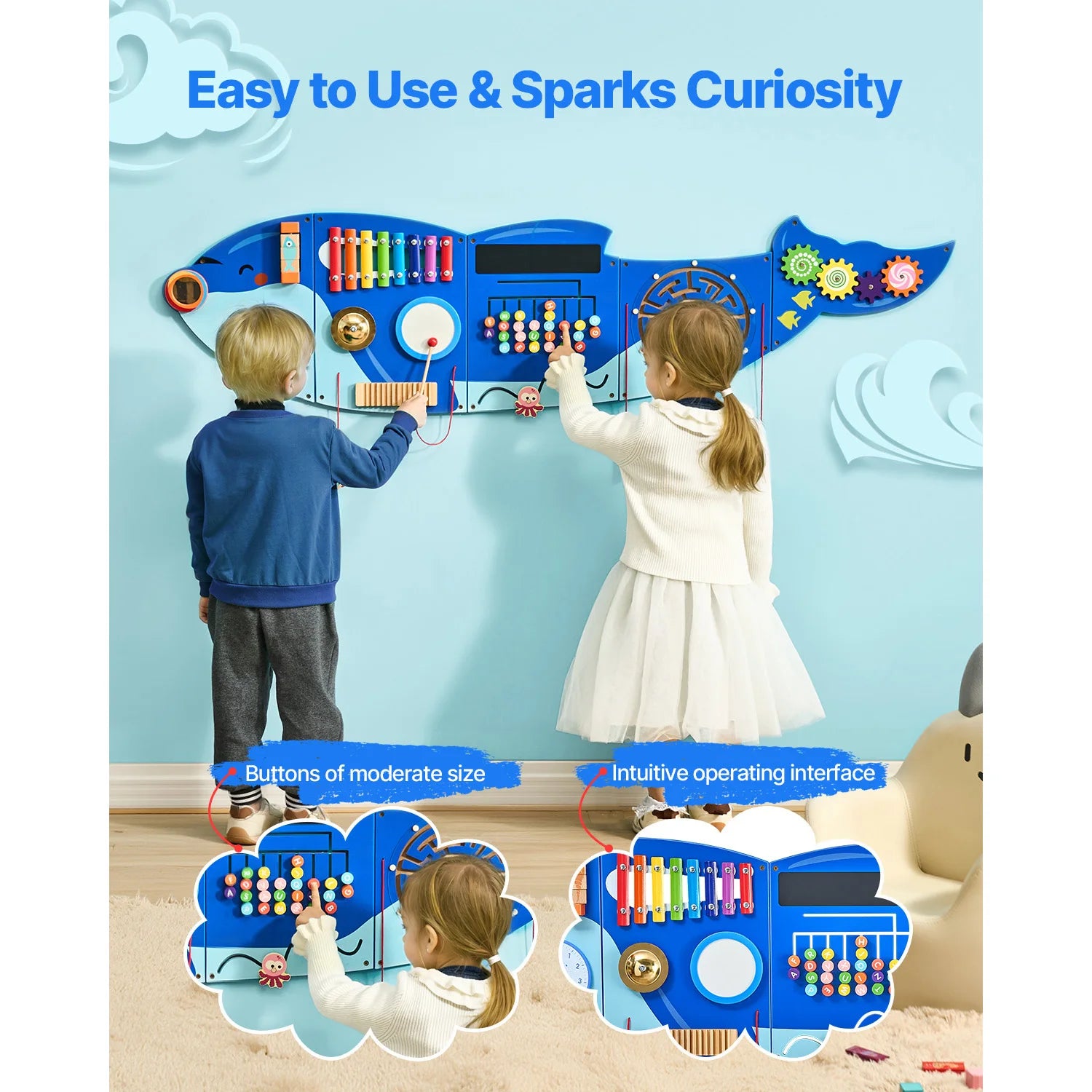 Orca Kids Wall-Mounted Busy Board – 12-in-1 Montessori Sensory Hanging Panel