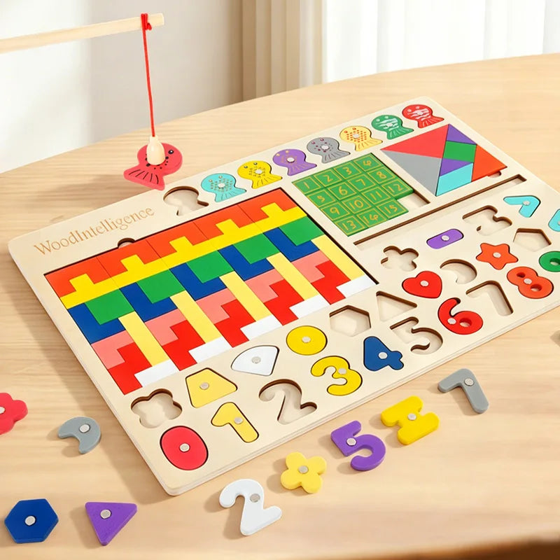 5-in-1 Montessori Wooden Busy Board – Shape Sorting, Number Matching & Magnetic Fishing Toy