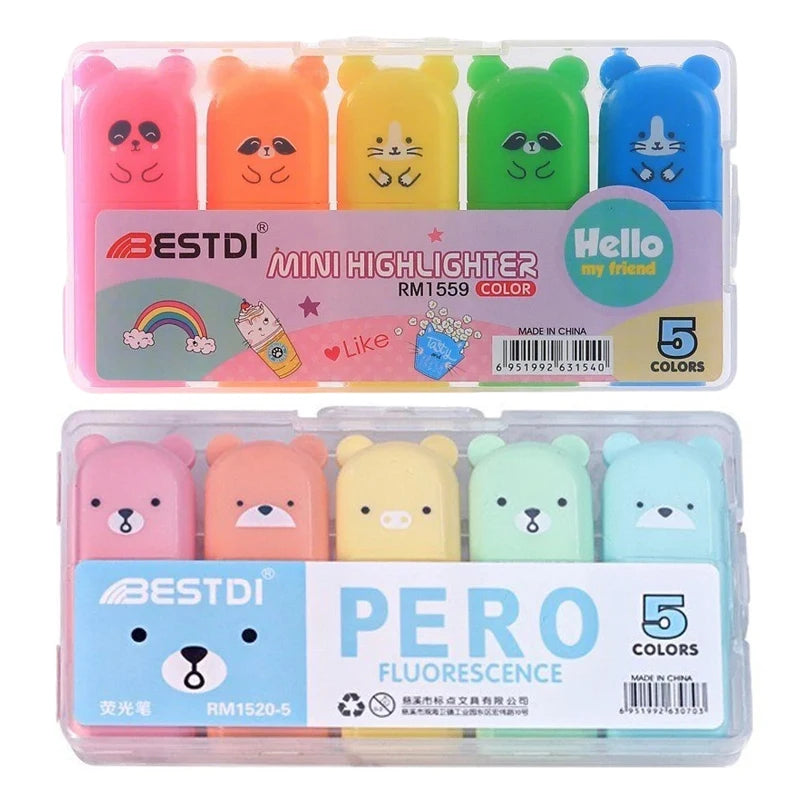 Cute Bear Mini Pastel Highlighter Pens Set for Students