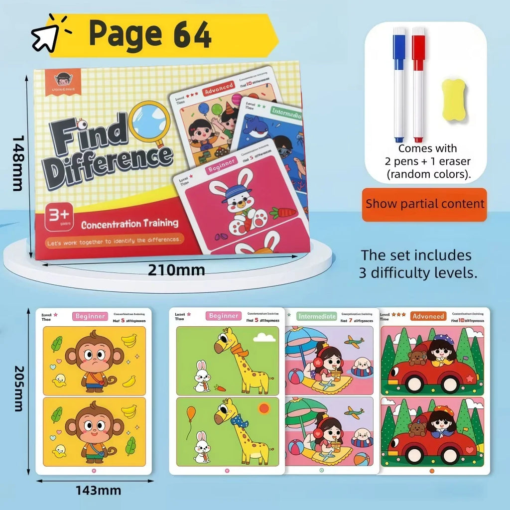 Find Differences Card Game Reusable Cartoon Educational Puzzle for Kids Three Difficulty Levels for Focus and Attention Training