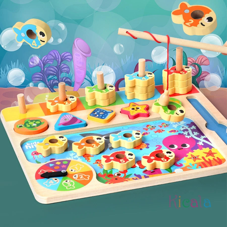 Montessori Wooden Math Busy Board – Counting, Shape Sorting & Magnetic Fishing Toy
