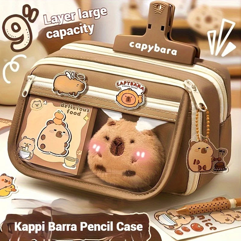 Cute Capybara Transparent Wide-Opening Pencil Case with Compartments