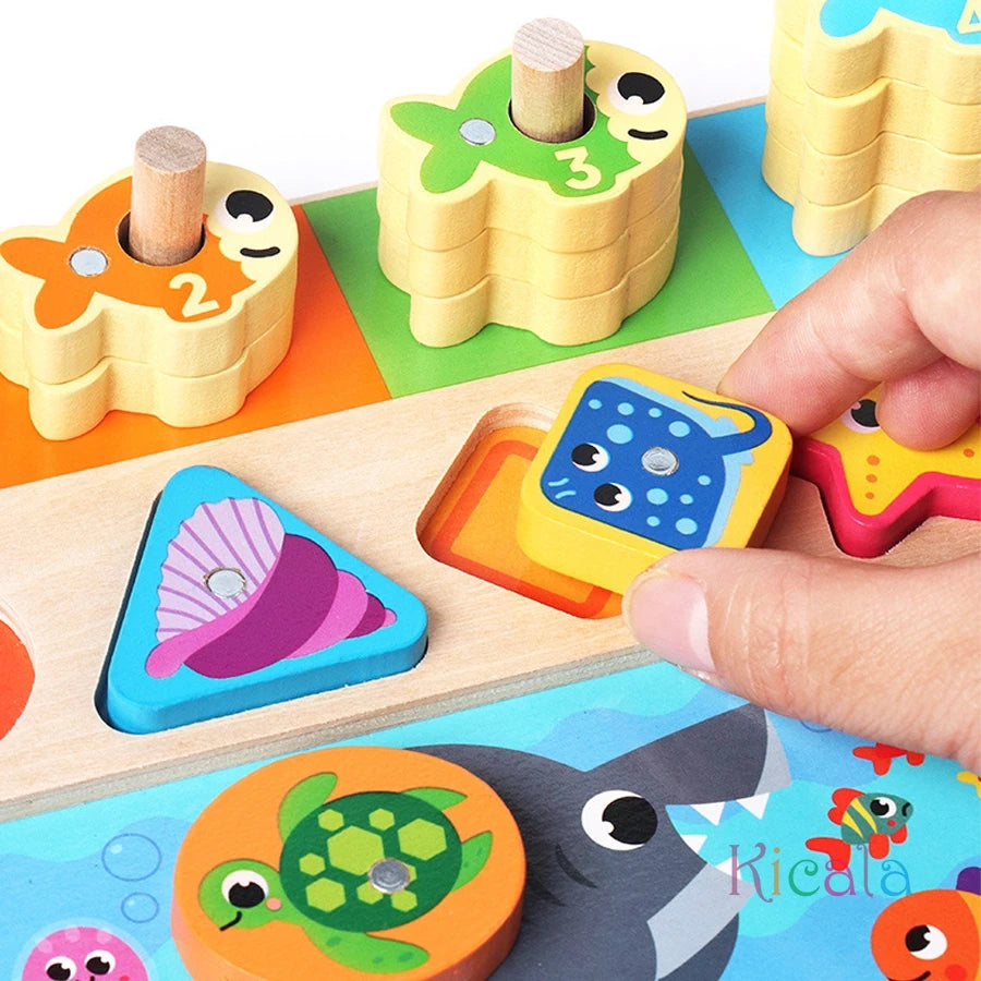 Montessori Wooden Math Busy Board – Counting, Shape Sorting & Magnetic Fishing Toy