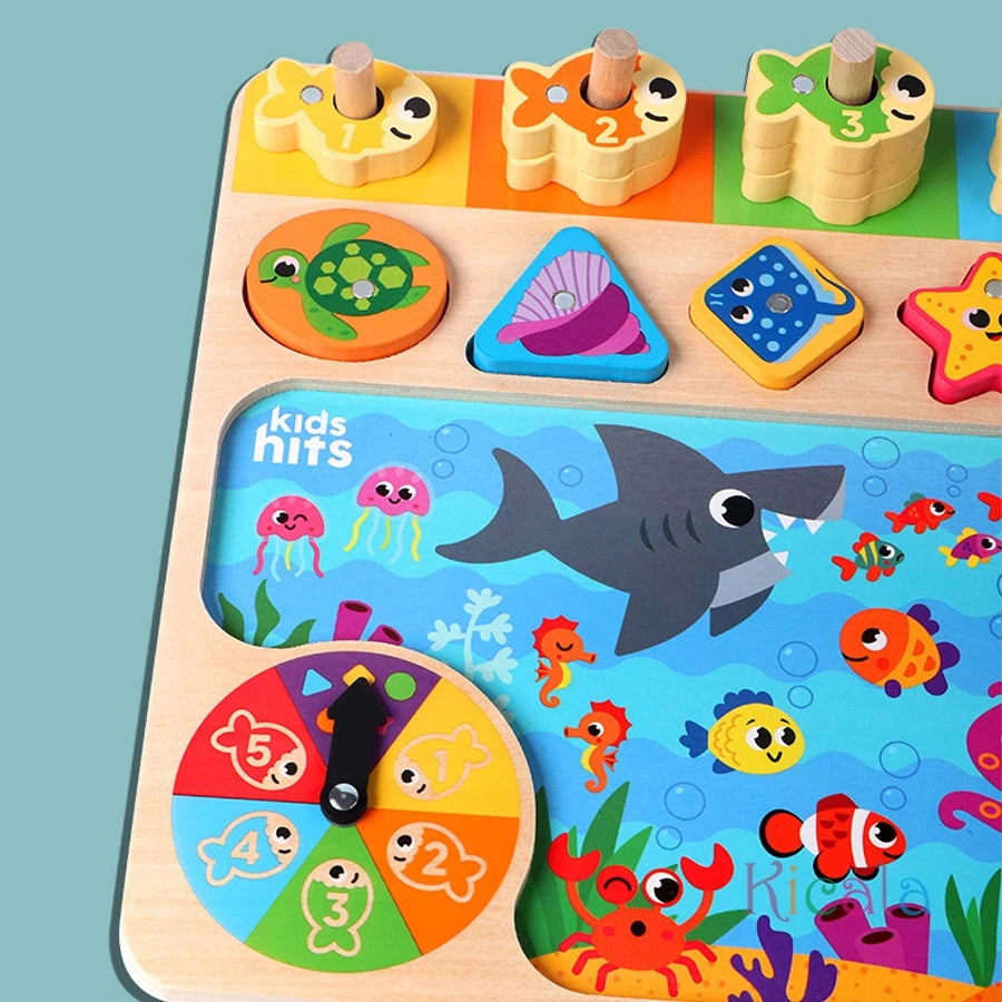 Montessori Wooden Math Busy Board – Counting, Shape Sorting & Magnetic Fishing Toy