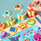 Montessori Wooden Math Busy Board – Counting, Shape Sorting & Magnetic Fishing Toy